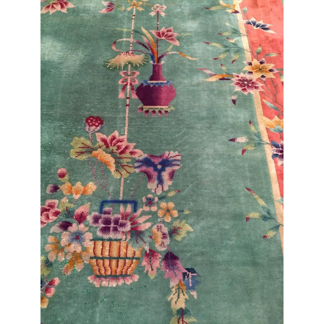 Green Vintage Chinese Art Deco Hand-Knotted Wool Rug, Floral Design, 1920s, 9' x 12' For Sale - Image 8 of 15