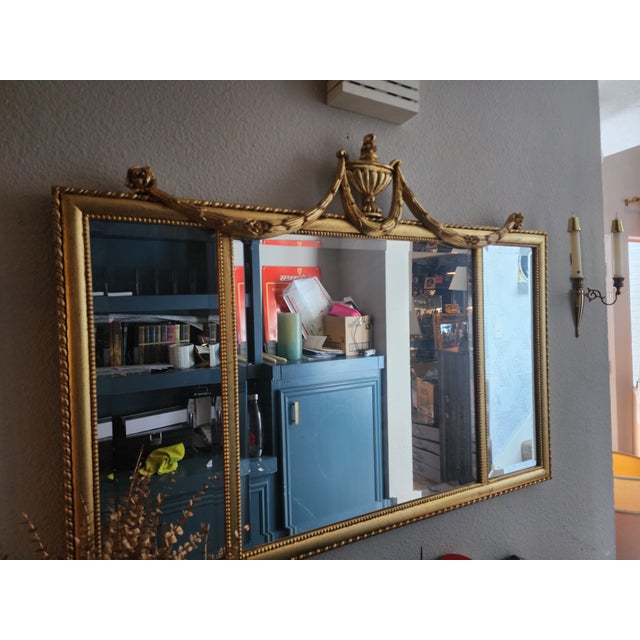 Grand Scale: Vintage Ethan Allen Federal Style Gilt Triptych Mantel Mirror For Sale In Houston - Image 6 of 7