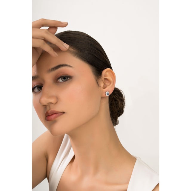 Timeless Emerald-Cut Blue Sapphire & Diamond Halo Stud Earrings 14k White Gold For Sale - Image 13 of 16