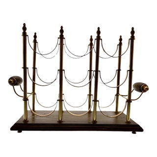 Late 20th Century Bottle Holder 6 Section Brass on Wood Base Vintage MCM Hollywood Regency Decor For Sale