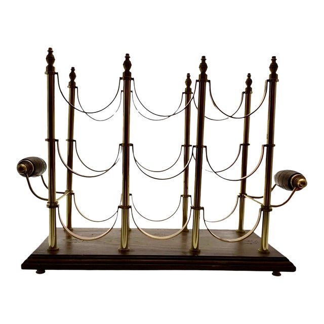 Late 20th Century Bottle Holder 6 Section Brass on Wood Base Vintage MCM Hollywood Regency Decor For Sale