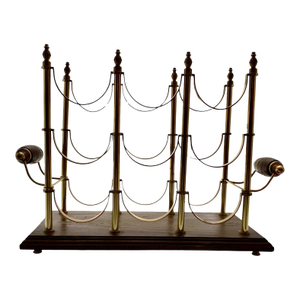 Late 20th Century Bottle Holder 6 Section Brass on Wood Base Vintage MCM Hollywood Regency Decor