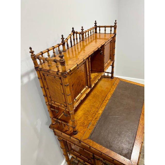 Brown Late 20th Century Aesthetic Movement Faux Bamboo Bird's-Eye Maple Secretary Desk & Original Chair Attributed to r.j. Horner For Sale - Image 8 of 17