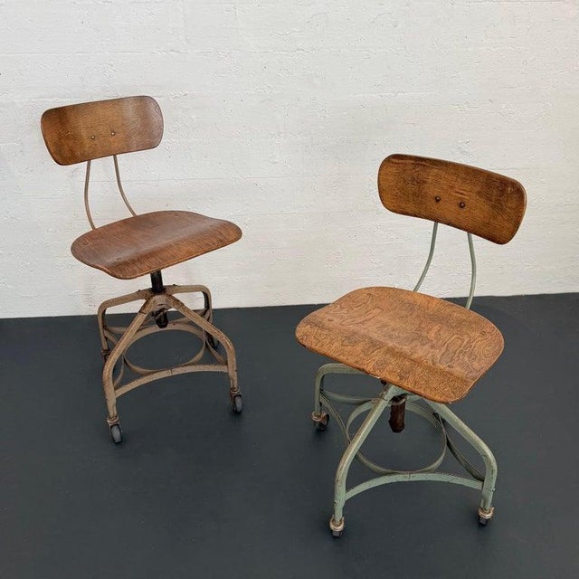 Wood Pair of Industrial Height Adjustable Rolling Office Chairs by Toledo For Sale - Image 7 of 9
