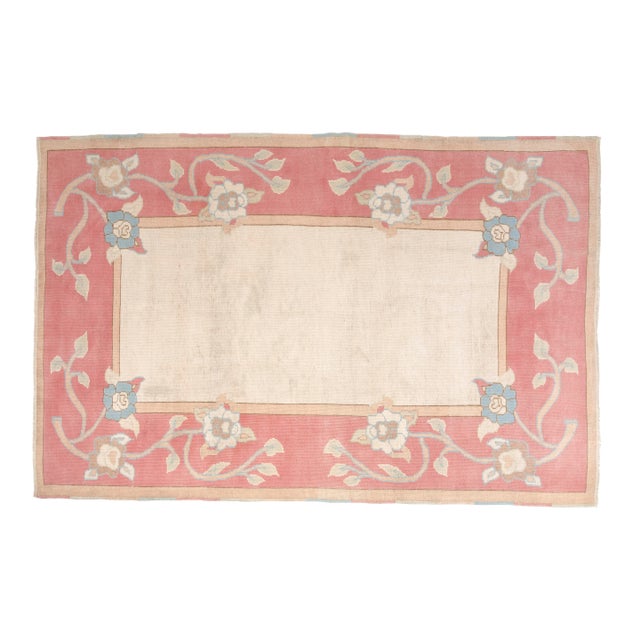Vintage Art Deco Floral Rug in Rose Pink, Sky Blue, and Cream For Sale