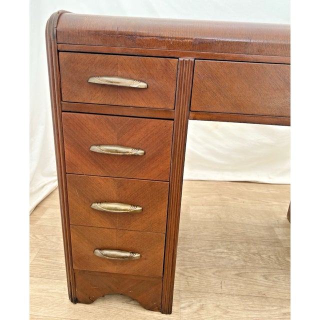 1930s Art Deco Desk Waterfall Top Seven Dovetail Brass Drawers Walnut Finished Back For Sale - Image 11 of 18