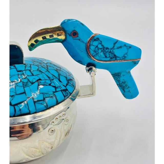 1960s Fajardo Taxco Silver Plate Brass Lapis Toucan Creamer Sugar Tray Set - 3pcs For Sale - Image 17 of 18