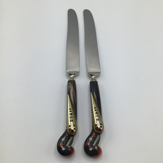 Vintage Alfred Haddad Jezzine Lebanese Phoenix Bird Carved With Inlay Flatware Set of 10