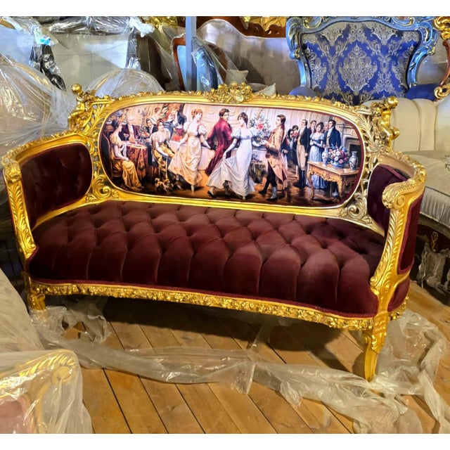 2020s Grand French Louis XV Burgundy Velvet Sofa With Romantic Ballroom Tapestry & Hand-Gilded Frame For Sale - Image 5 of 5
