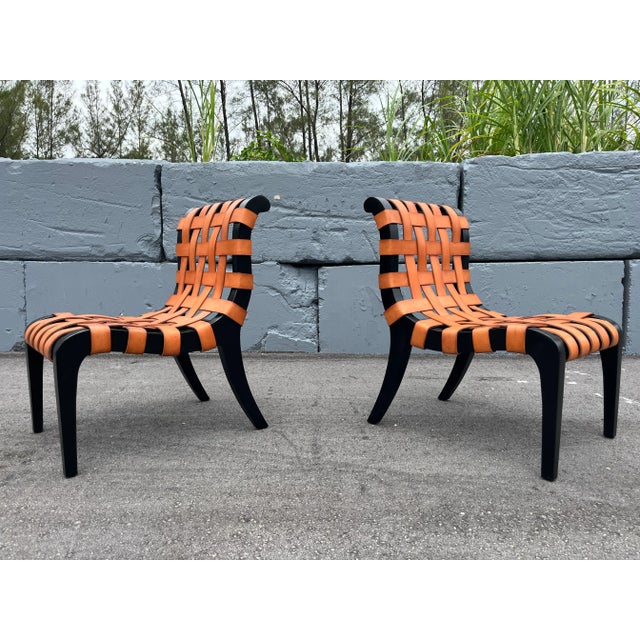 Black 1970s Pair of Designer Slipper Chairs in the Style of t.h. Robsjohn-Gibbings, Leather, Black For Sale - Image 8 of 11