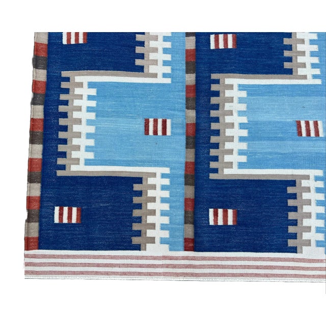 Handwoven Cotton Area Rug, Natural Vegetable Dyed, Blue, Beige, Cream & Red Geometric Dhurrie - 10'x14' For Sale - Image 10 of 10