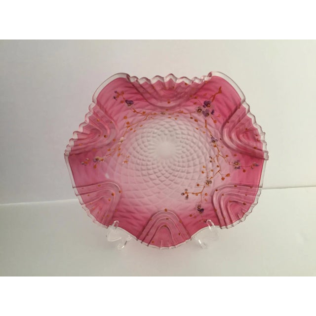 Bohemian Victorian Art Glass Pink (Cranberry) Satin Glass Bride's Bowl, Diamond Optic Quilting, Fine Enameled Flowers...