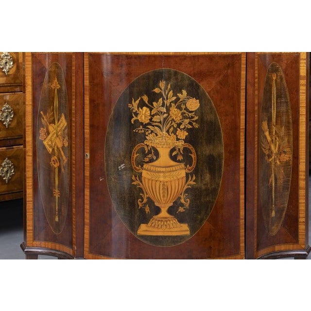 English One of a Pair of English Satinwood, Mahogany and Painted Serpentine Cabinets, Mid 19th Century For Sale - Image 3 of 12
