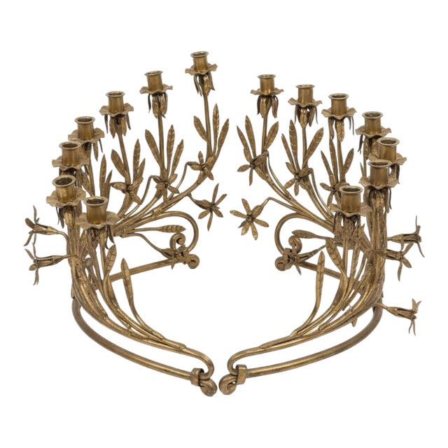 19th-Century Style Gilt Wrought Iron Floral Candelabra Candle Holders – Pair For Sale