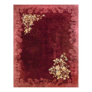 1920s Red Wine Open Field Daisies Floral Antique Chinese Art Deco Rug 9' X 11'6" For Sale