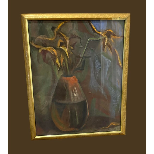 Impressionistic Chalk pastel painting of Flowers in Vase. Dark colors and lifeless flowers. Done by Ukrainian artist, mid...