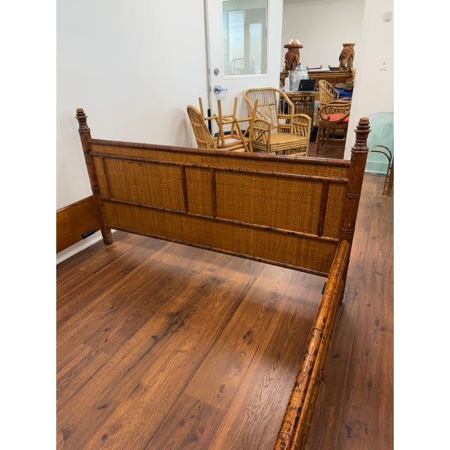 Vintage British Colonial Style Faux Tortoise Bamboo & Woven Rattan Queen Bed For Sale - Image 4 of 12