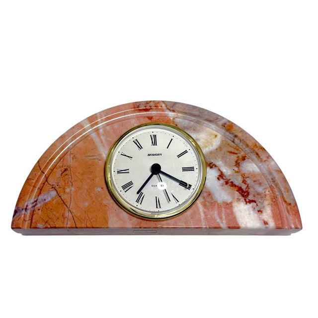 Art Deco Staiger Quartz West Germany Mantel Clock Half-Moon Pink Marble Base For Sale - Image 4 of 9