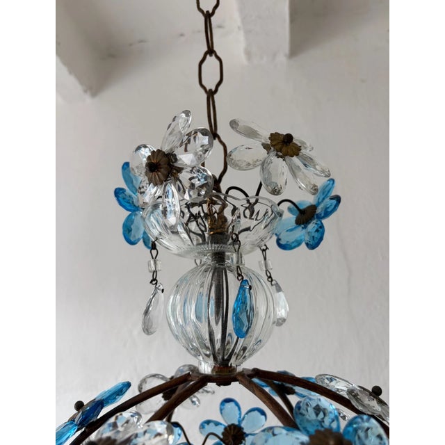 French Blue Flower Ball Crystal Prisms Maison Baguès Style Chandelier, 1920s For Sale - Image 4 of 10