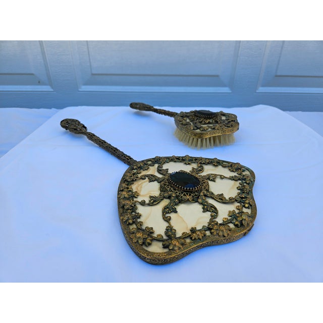 Venetian Brass Filigree Jeweled Mirror and Brush Set For Sale - Image 16 of 17