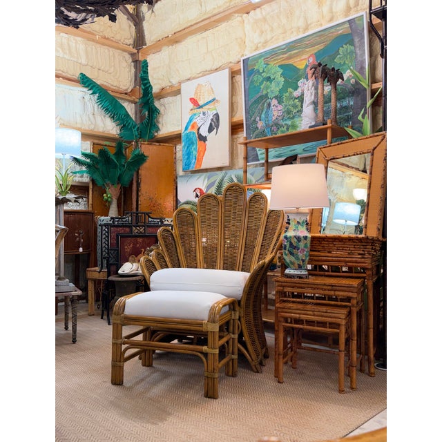 Vintage Coastal Rattan Ottoman With Custom Sunbrella Cushion For Sale - Image 10 of 10