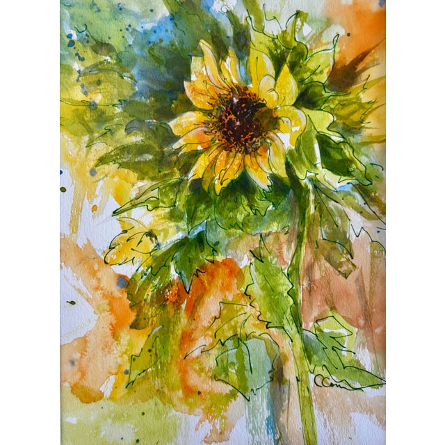 2020s Framed Original Watercolor Painting “Sunflower” For Sale - Image 5 of 12