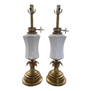 Vintage Stiffel Creamy White Ceramic and Brass Plume Buffet or Table Lamps, a Pair For Sale