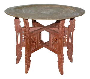 Vintage Middle Eastern Carved Teak & Engraved Brass Tray Top Folding Table