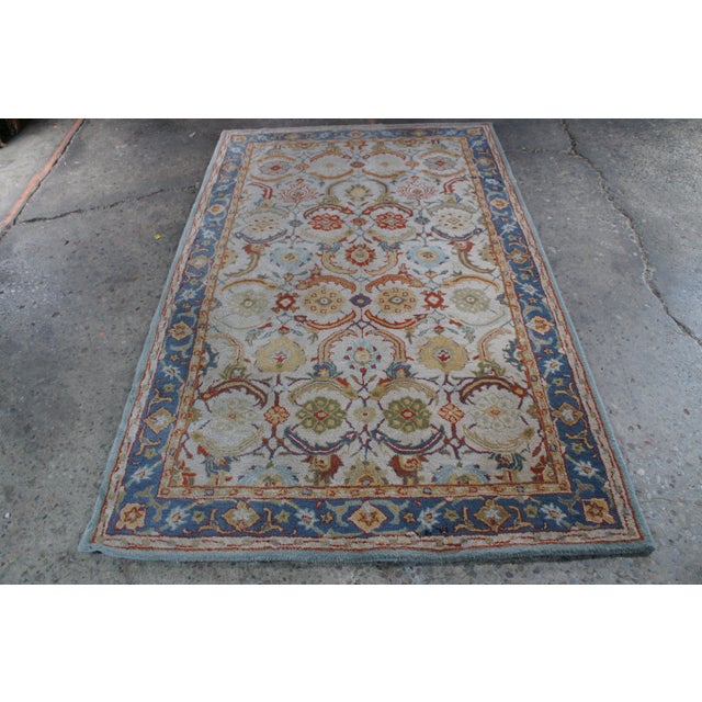 Late 20th Century Woolmark Hand-Tufted Oriental Floral Eva Area Rug Beige Blue 5' X 8' For Sale - Image 5 of 13