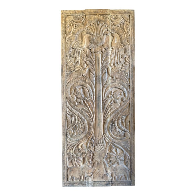 Vintage Tree of Life Carved Barn Door With Birds | Nature-Inspired Reclaimed Wood Wall Panel 84x36 For Sale