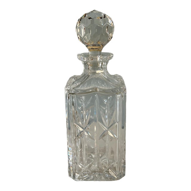 Vintage Atlantis Square Lead Crystal Decanter With Faceted Stopper, 10” For Sale