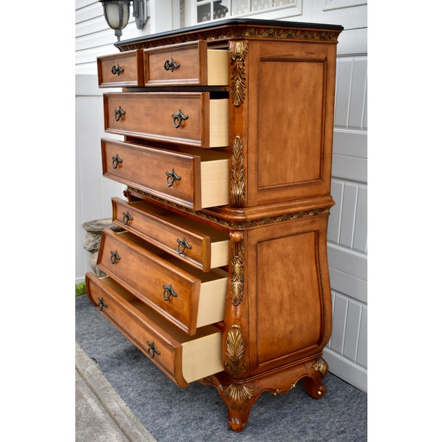 Legacy Carved Bombe Tall Chest French Style Pine Dresser W/Gold Details For Sale - Image 17 of 17