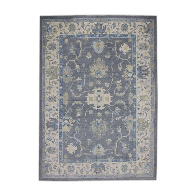 Blue Early 21st Century Gray & Blue Floral Design Handwoven Wool Modern Turkish Oushak Rug 9'9" X 13'11" For Sale - Image 8 of 10