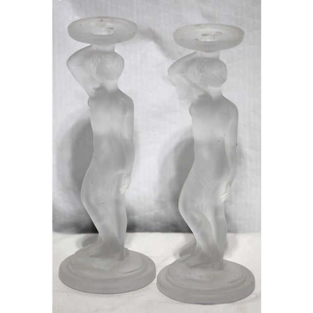 Ernest Sohn Pair of Excellent 1930s Walther & Sohne Art Deco Frosted Glass Nude Nymphen Candlesticks For Sale - Image 4 of 6