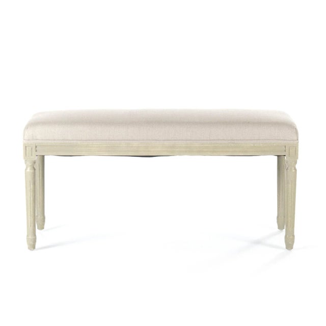 Narrow rectangular bench with grey birch frame and upholstered in natural linen.