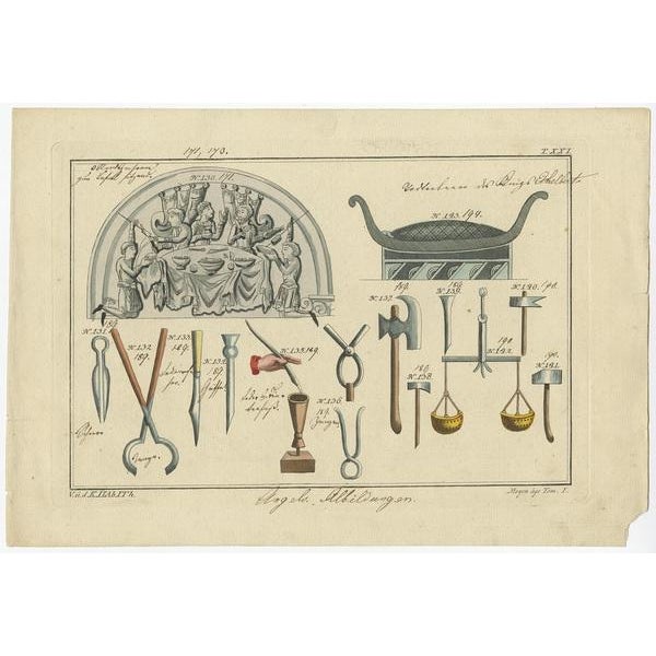 Untitled print of Anglo Saxon banquet, scissors, tongs, penknife, stylus, feather and inkwell, small pliers, carpenter's...