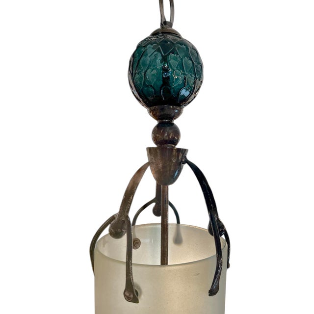 American Pair of 1980s Brutalist Hand Blowed Glass Metal Pendants For Sale - Image 3 of 5