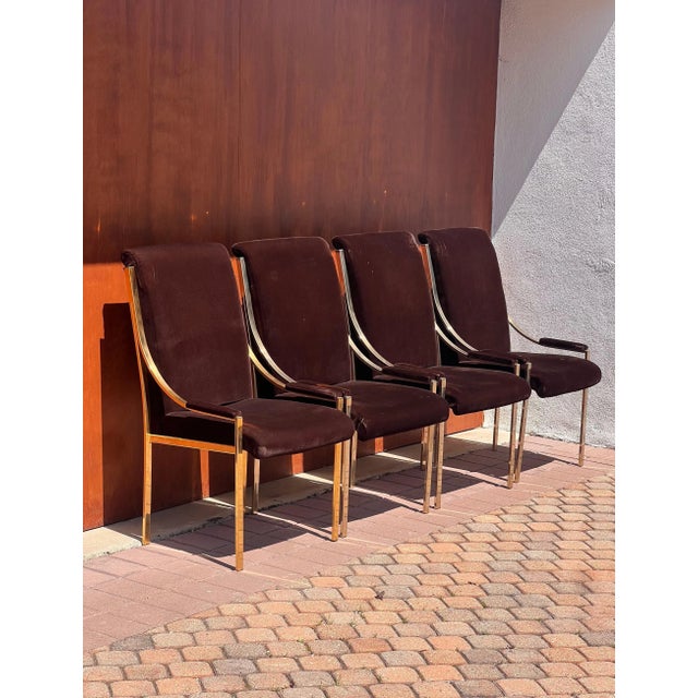Brass 20th Century Brass And Brown Velvet Dining Room Chairs - Set of 4 For Sale - Image 8 of 12