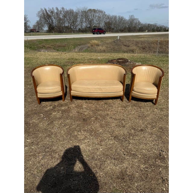 Mid-Century Modern 1940s French Art Deco Leather Solid Mahogany Barrel Back Club Chairs and Settees - A Set of 3 Piece For Sale - Image 3 of 17