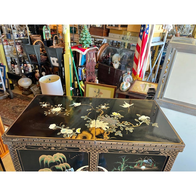 Wood Mid Century Black Lacquered & Mother of Pearl Asian Folding Bar For Sale - Image 7 of 12