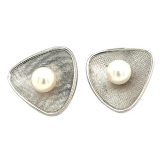 1990s Mikimoto Estate Akoya Pearl Cufflinks 7.45 mm Silver, 2 pieces For Sale