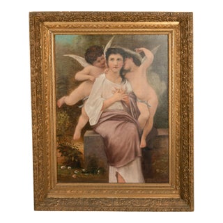 Large Antique French 19th Century Oil Canvas Painting "Hearts Awakening" Cherubs by William-Adolphe Bouguereau, 1892 For Sale