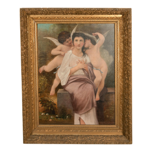 Large Antique French 19th Century Oil Canvas Painting "Hearts Awakening" Cherubs by William-Adolphe Bouguereau, 1892