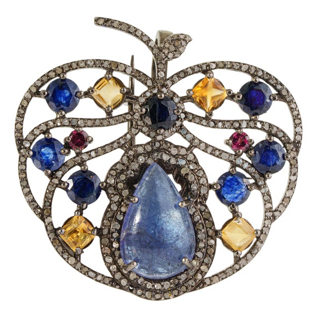 Whimsical Orchard 7.5 Ct Tanzanite, Ruby & Citrine Apple Brooch Pendant in 925 Silver For Sale
