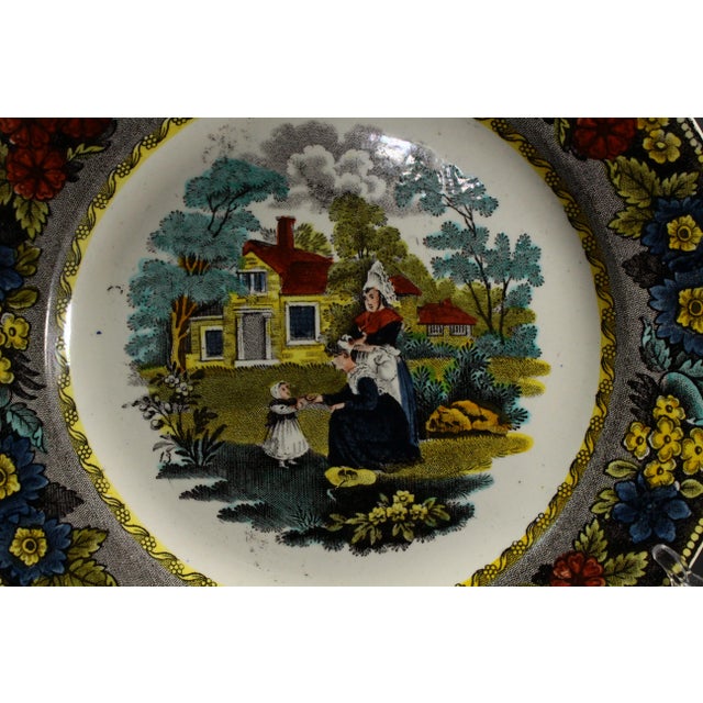 1830s Creil French Faience Polychrome Transfer Plate Two Women & Baby Girl For Sale - Image 4 of 11