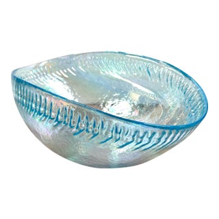 20th Century Italian Yalos Casa Murano Sky Blue Iridescent Glass Centerpiece Bowl For Sale