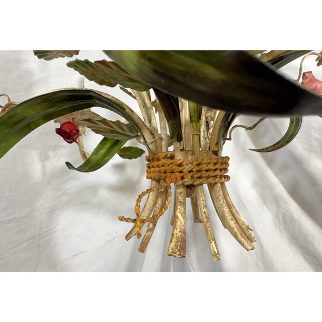 Vintage Tole 6-Light Chandelier With Flower Motif and Honest Patina For Sale - Image 12 of 18