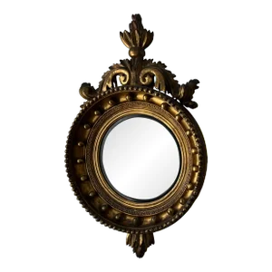 Antique 19th Century English Regency Convex Bull's Eye Carved and Gilt Wood Mirror of Small Scale