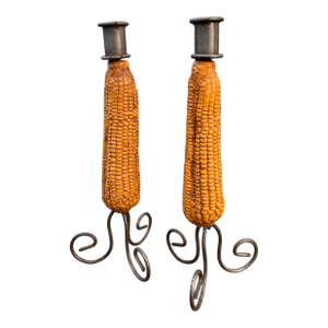 Mid 20th Century Folk Art Corn Cob Ceramic and Metal Candlesticks- Set of 2