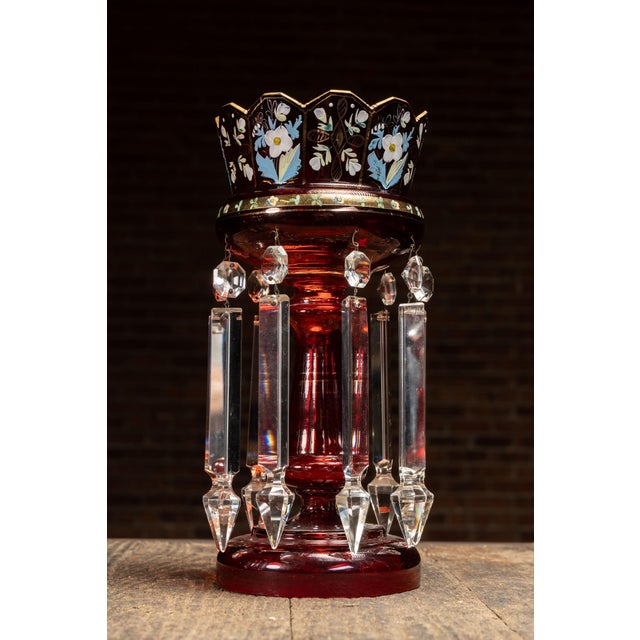 Victorian Pair of 19th Century Bohemian Ruby Glass Mantle Lusters With Prisms For Sale - Image 3 of 10